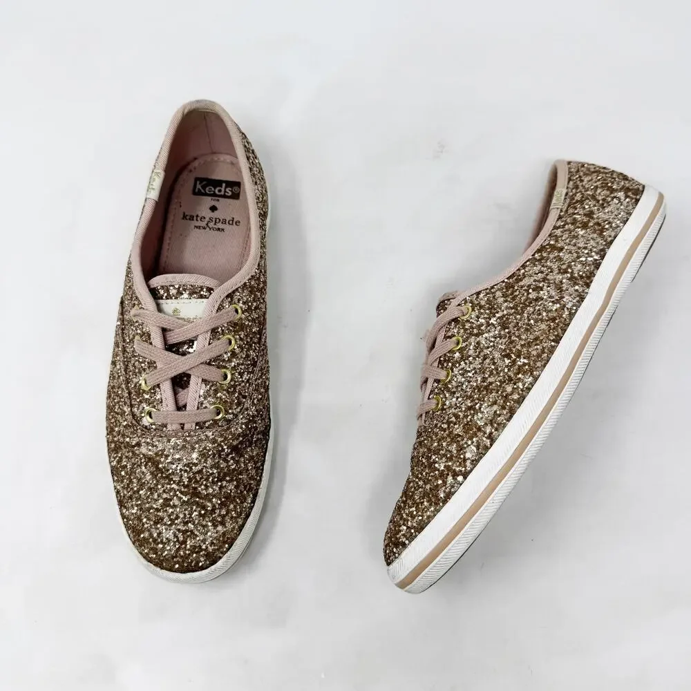 [Kate Spade] Keds Rose Gold Pink Glitter Sparkle Lace Up Champion Sneakers Sz 7